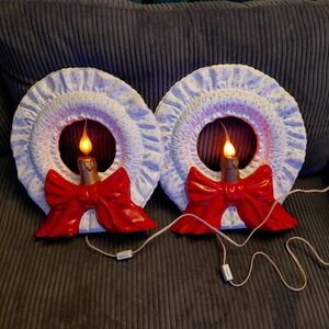 Vintage Christmas Light-Up Wreaths with Red Bows Ceramic Mantle